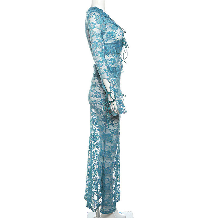 SUPER WHOLESALE | Rose Laced Front Tie Skirt Set