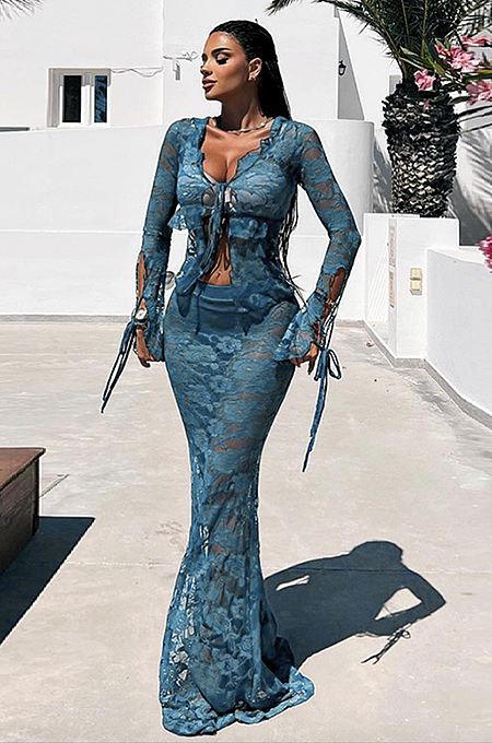 SUPER WHOLESALE | Rose Laced Front Tie Skirt Set