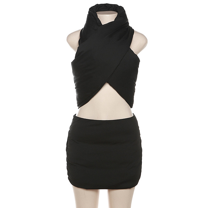 SUPER WHOLESALE | Twist Halter Puffy Top & Skirt in Solid