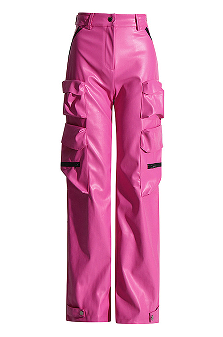 SUPER WHOLESALE | Pu Material Cargo Pants in Rose Red