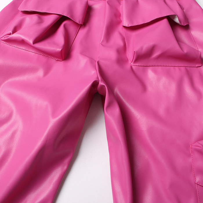 SUPER WHOLESALE | Pu Material Cargo Pants in Rose Red
