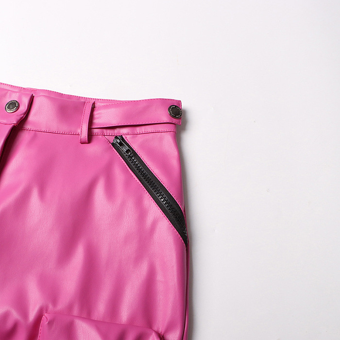 SUPER WHOLESALE | Pu Material Cargo Pants in Rose Red