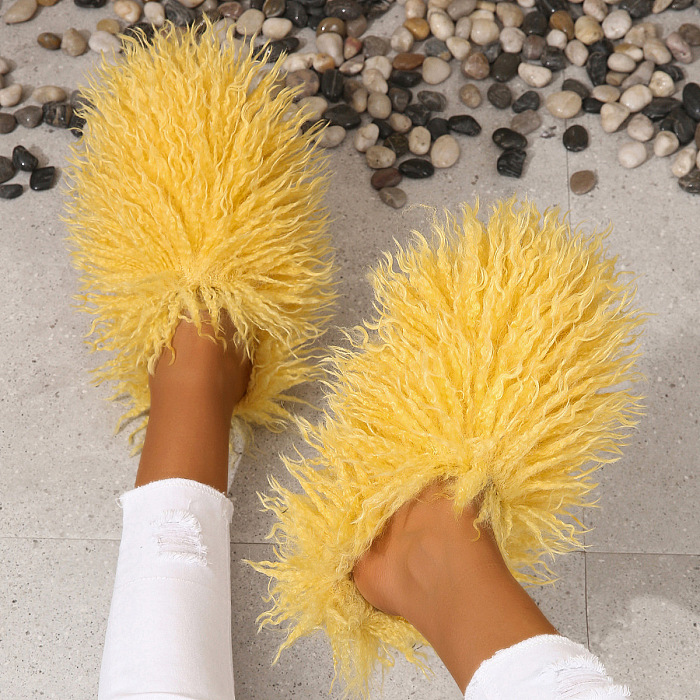 SUPER WHOLESALE | Furry Lower Top Teddy Slides in Yellow