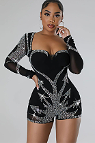 SUPER WHOLESALE | Rhinestone Beaded Square Neck Back Zip Up Romper