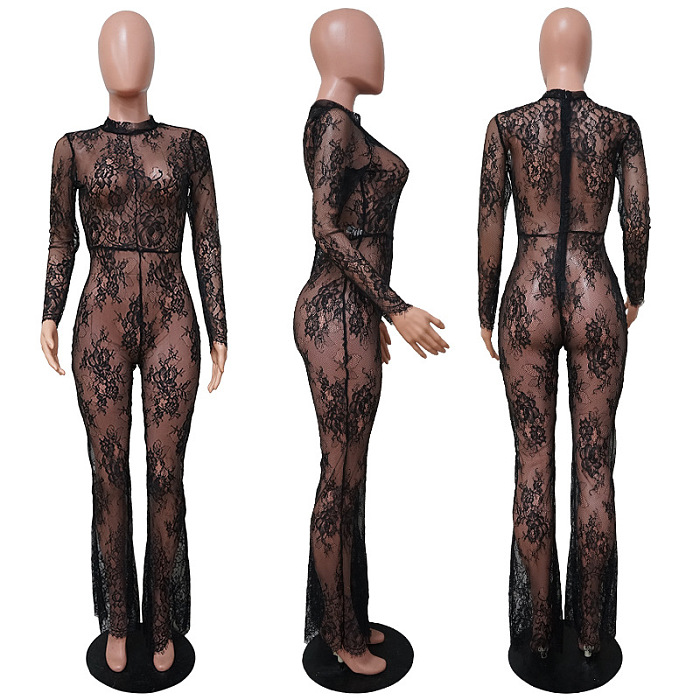 SUPER WHOLESALE | Lace See-through Back Zip Up Jumpsuit