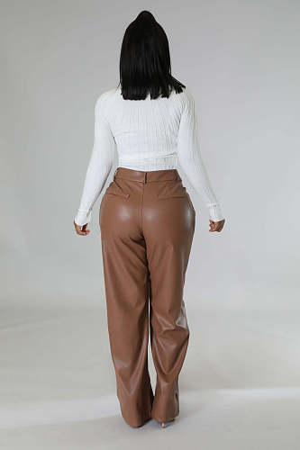 SUPER WHOLESALE | Pu Material Straight Down Pants in Brown