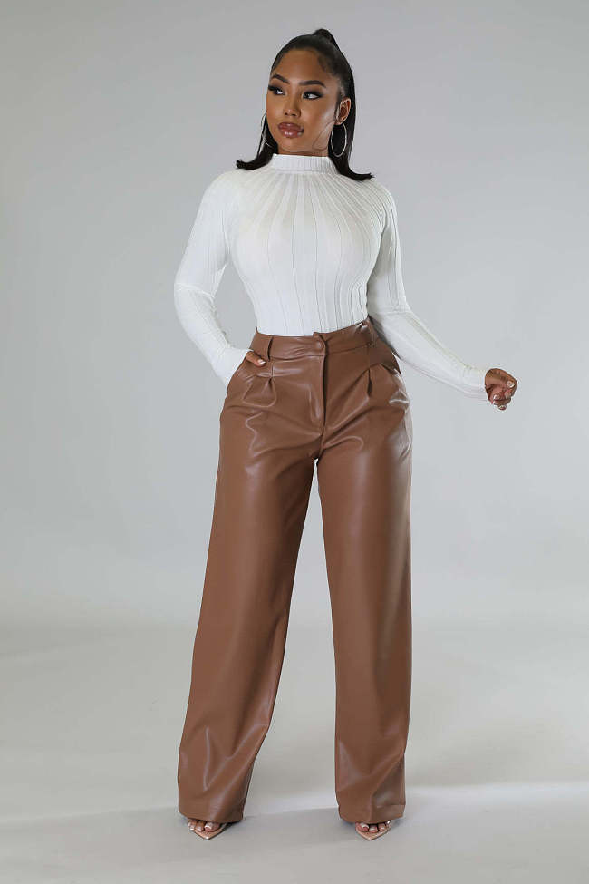 SUPER WHOLESALE | Pu Material Straight Down Pants in Brown