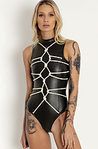 SUPER WHOLESALE | Twine Tied Decor Pu Material Bodysuit  in Black