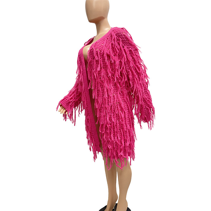 SUPER WHOLESALE |Tassel Oversize Cardigan in Rose Red