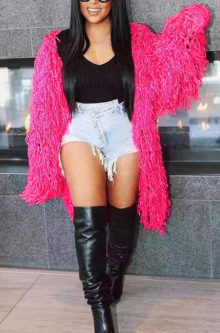 SUPER WHOLESALE |Tassel Oversize Cardigan in Rose Red