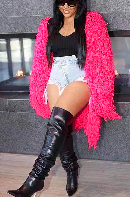 SUPER WHOLESALE |Tassel Oversize Cardigan in Rose Red