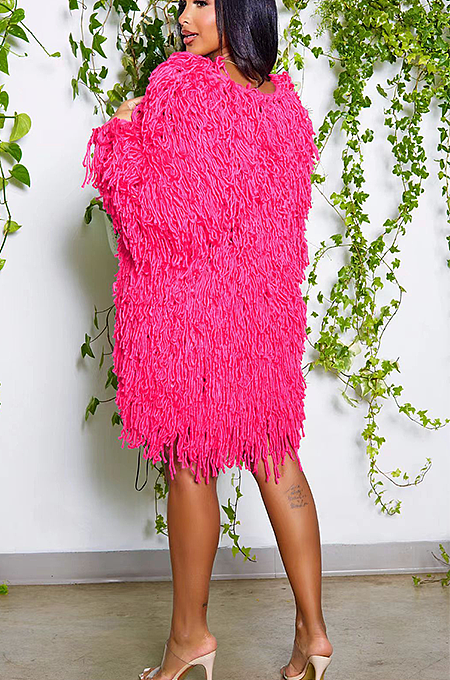 SUPER WHOLESALE |Tassel Oversize Cardigan in Rose Red