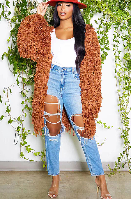 SUPER WHOLESALE |Tassel Oversize Cardigan in Brown