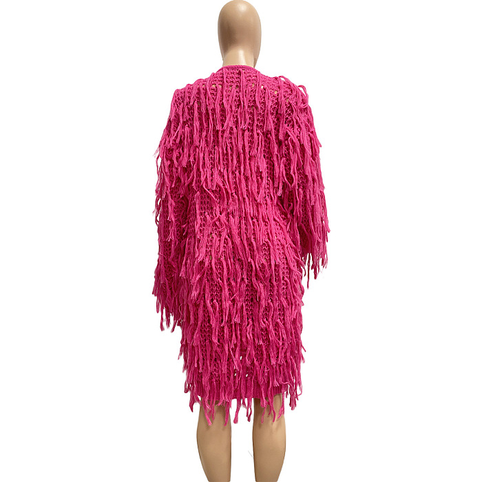 SUPER WHOLESALE |Tassel Oversize Cardigan in Rose Red