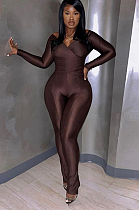 SUPER WHOLESALE |Plunging Neck Top with Thumb Hole Cuff, Leggings Pants Set in Brown