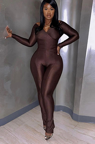 SUPER WHOLESALE |Plunging Neck Top with Thumb Hole Cuff, Leggings Pants Set in Brown