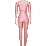SUPER WHOLESALE |Plunging Neck Top with Thumb Hole Cuff, Leggings Pants Set in Pink