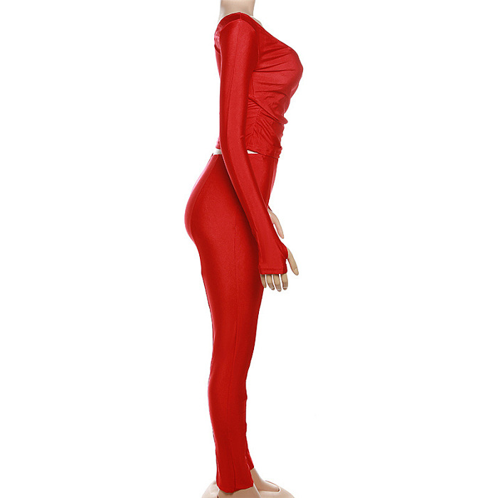 SUPER WHOLESALE |Plunging Neck Top with Thumb Hole Cuff, Leggings Pants Set in Red