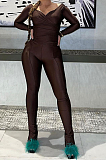 SUPER WHOLESALE |Plunging Neck Top with Thumb Hole Cuff, Leggings Pants Set in Brown
