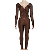 SUPER WHOLESALE |Plunging Neck Top with Thumb Hole Cuff, Leggings Pants Set in Brown