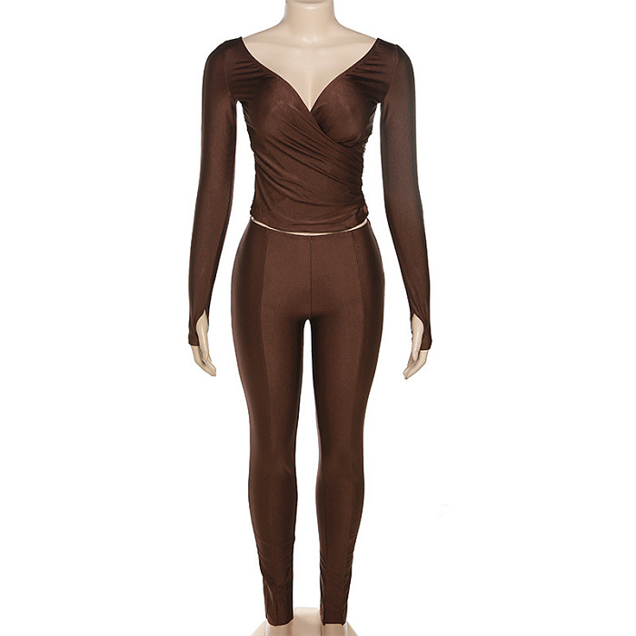 SUPER WHOLESALE |Plunging Neck Top with Thumb Hole Cuff, Leggings Pants Set in Brown