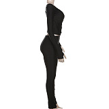 SUPER WHOLESALE |Plunging Neck Top with Thumb Hole Cuff, Leggings Pants Set in Black