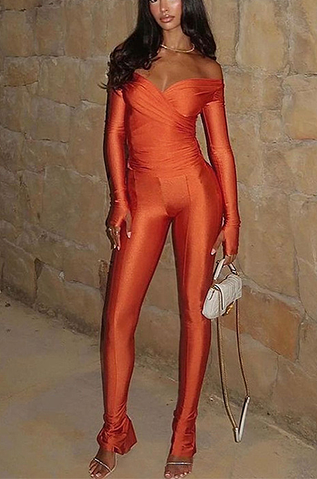 SUPER WHOLESALE |Plunging Neck Top with Thumb Hole Cuff, Leggings Pants Set in Orange