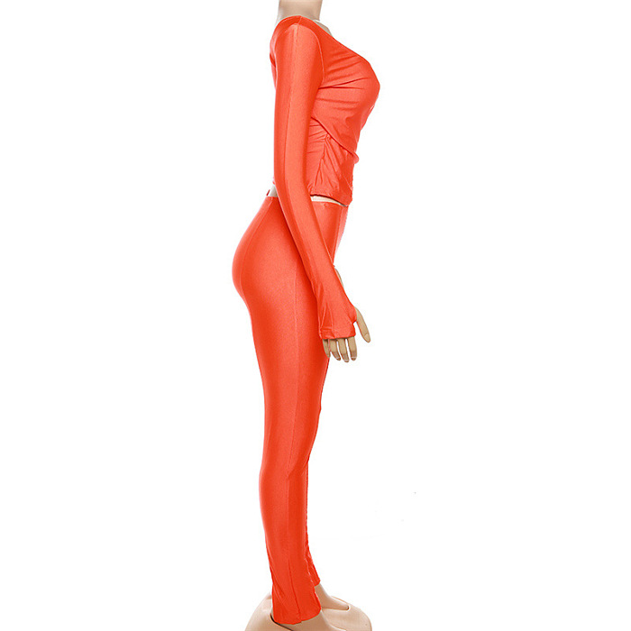 SUPER WHOLESALE |Plunging Neck Top with Thumb Hole Cuff, Leggings Pants Set in Orange