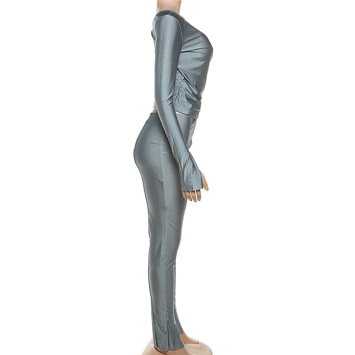 SUPER WHOLESALE |Plunging Neck Top with Thumb Hole Cuff, Leggings Pants Set in Silver