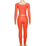 SUPER WHOLESALE |Plunging Neck Top with Thumb Hole Cuff, Leggings Pants Set in Orange