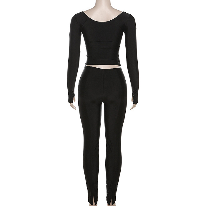 SUPER WHOLESALE |Plunging Neck Top with Thumb Hole Cuff, Leggings Pants Set in Black