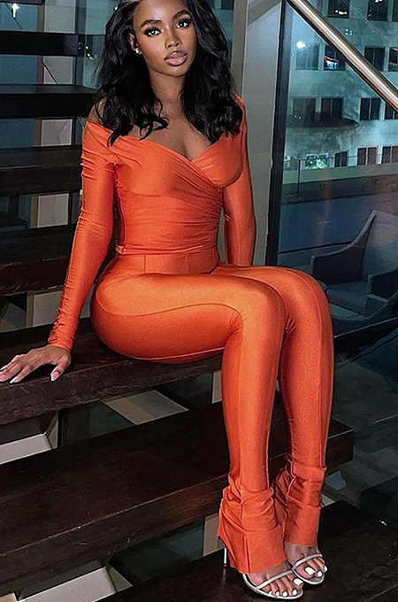 SUPER WHOLESALE |Plunging Neck Top with Thumb Hole Cuff, Leggings Pants Set in Orange