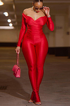 SUPER WHOLESALE |Plunging Neck Top with Thumb Hole Cuff, Leggings Pants Set in Red