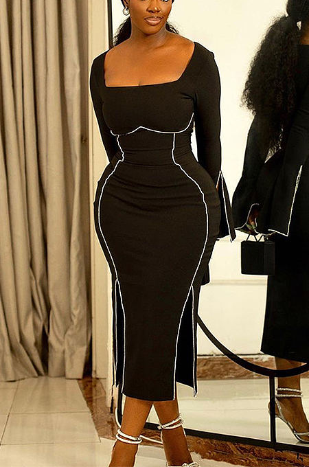 SUPER WHOLESALE | Square Neck Silver Strip Deco Long Dress