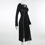 SUPER WHOLESALE | Square Neck Silver Strip Deco Long Dress