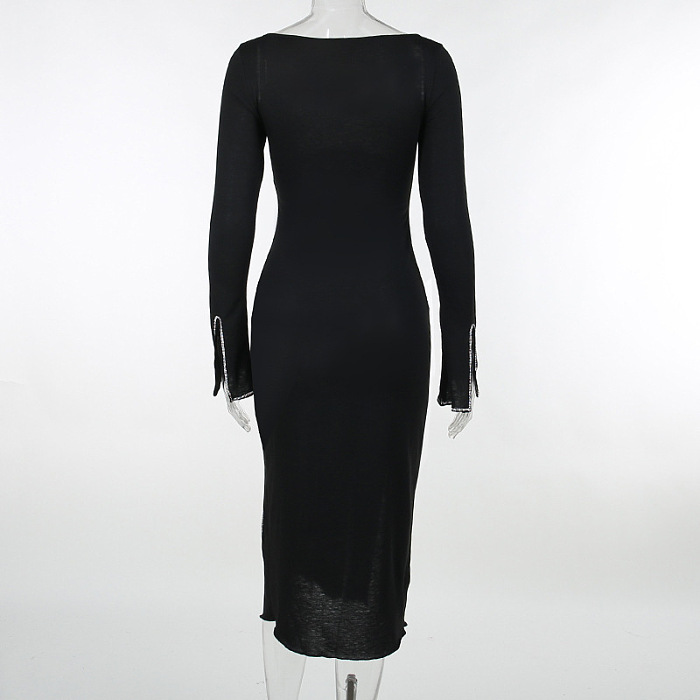 SUPER WHOLESALE | Square Neck Silver Strip Deco Long Dress