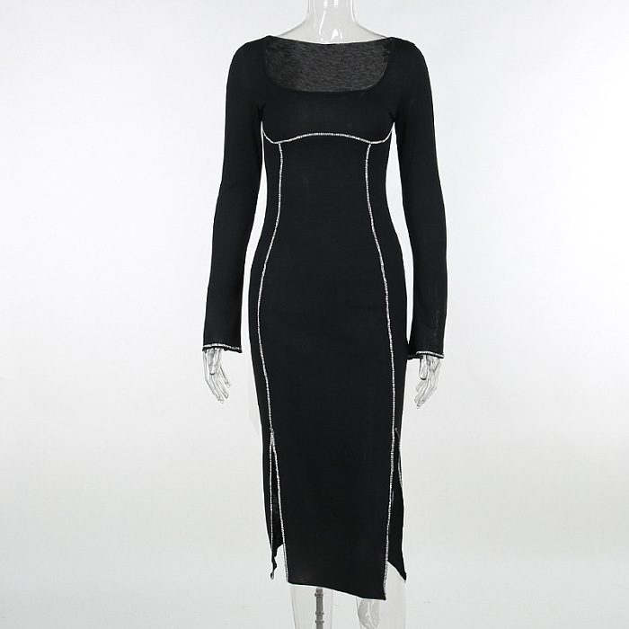 SUPER WHOLESALE | Square Neck Silver Strip Deco Long Dress