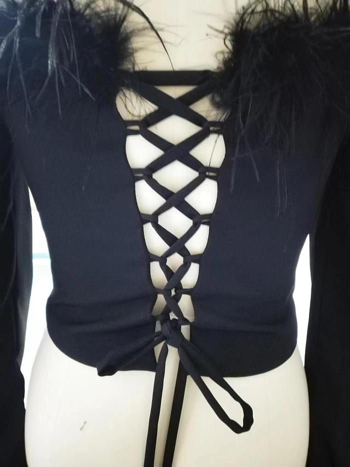 SUPER WHOLESALE | Feather Deco High Quality Party Mini Dress in Black