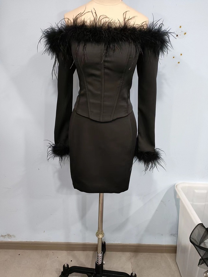 SUPER WHOLESALE | Feather Deco High Quality Party Mini Dress in Black