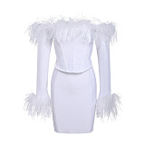 SUPER WHOLESALE | Feather Deco High Quality Party Mini Dress in White