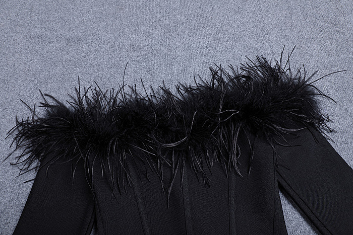 SUPER WHOLESALE | Feather Deco High Quality Party Mini Dress in Black