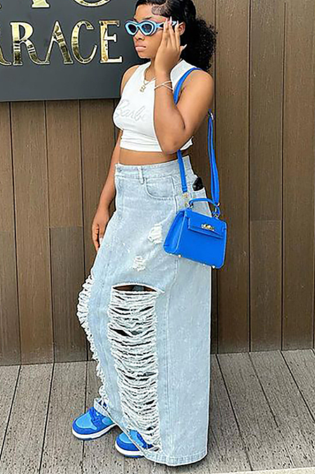 SUPER WHOLESALE | Disstress Denim Blue Skirt