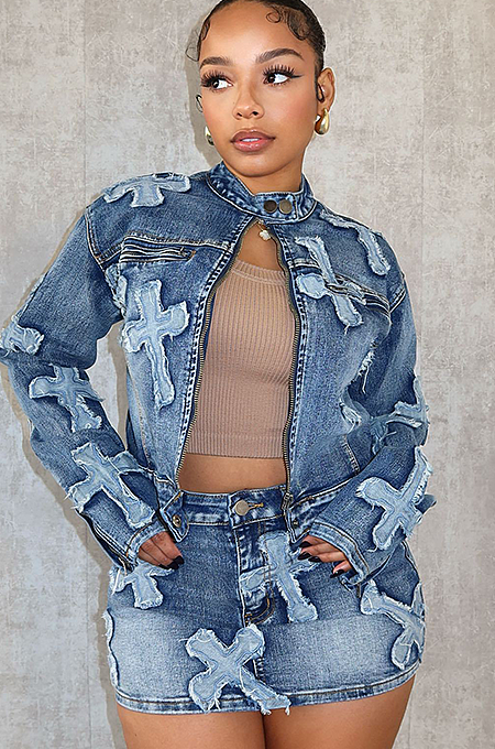 SUPER WHOLESALE | Cross Deco Skirt Set in Denim Blue