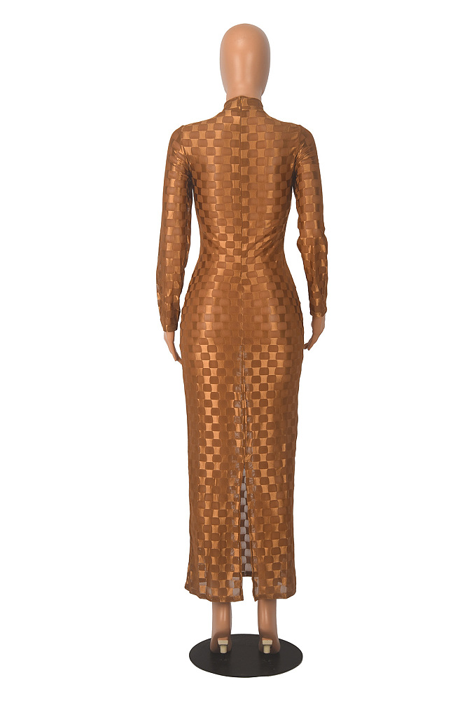 SUPER WHOLESALE | Plaid See-through Bodycon Long Dress in Brown