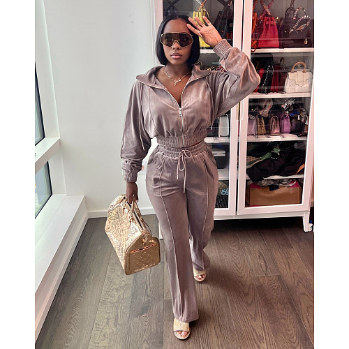 SUPER WHOLESALE | Velvet Fabric Tracking Suit in Brown