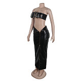 　SUPER WHOLESALE | Pu Material Zip Up Skirt with Buckle Bandeau in Black