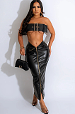 　SUPER WHOLESALE | Pu Material Zip Up Skirt with Buckle Bandeau in Black