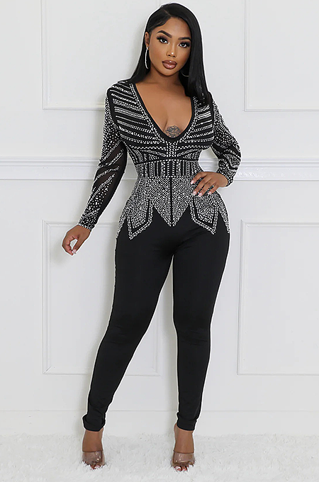 SUPER WHOLESALE | Rhinestone Beaded Back Zip Up Plunging Neck Jumpsuit