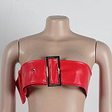 SUPER WHOLESALE | Pu Material Zip Up Skirt with Buckle Bandeau in Red