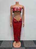 SUPER WHOLESALE | Pu Material Zip Up Skirt with Buckle Bandeau in Red